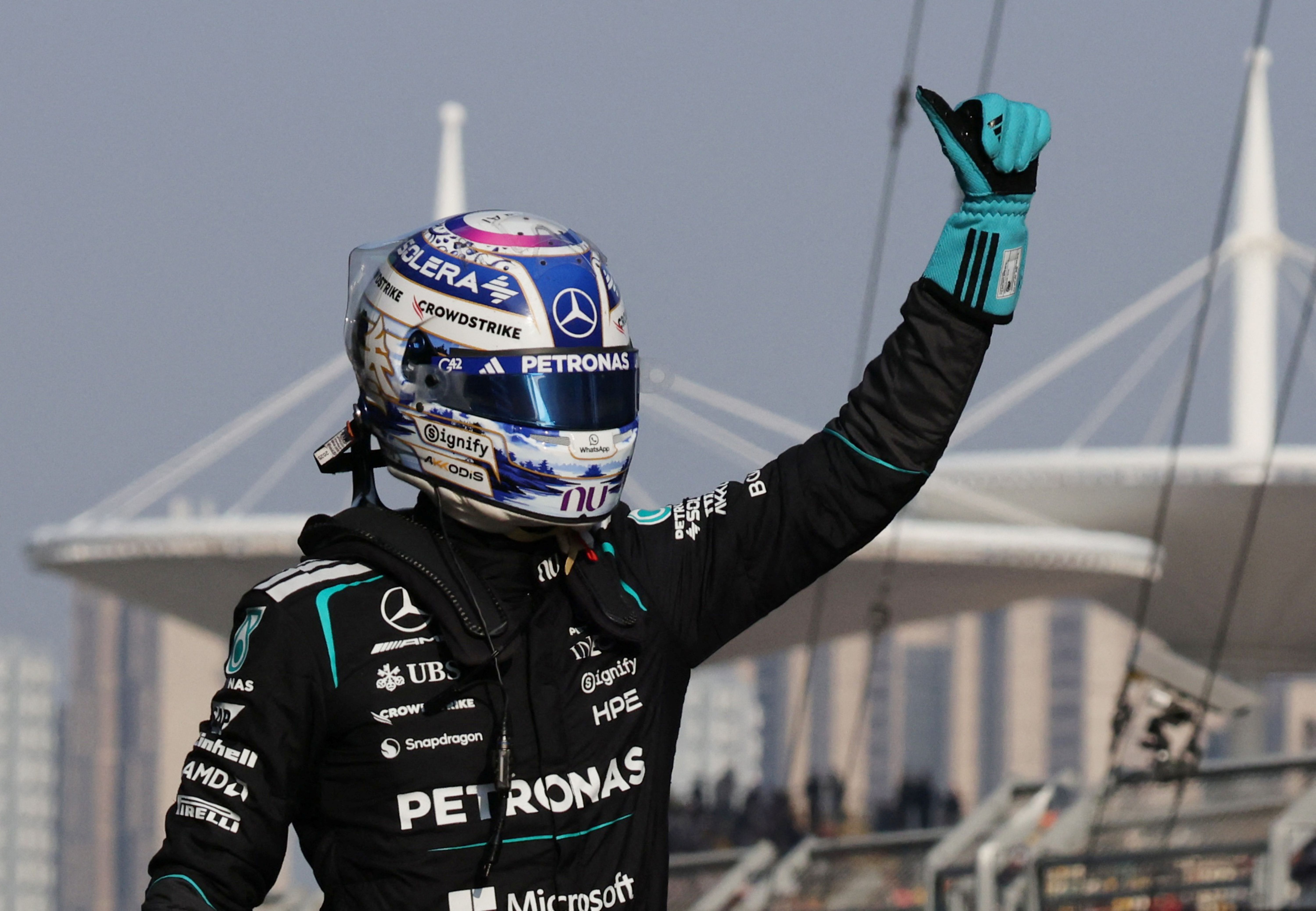 Mercedes' George Russell celebrates, and he's key to our Chinese Grand Prix odds.