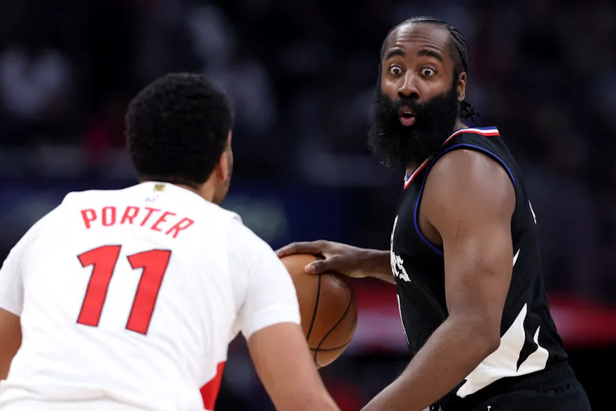 James Harden #1 of the LA Clippers looks to pass as Jontay Porter #11 of the Toronto Raptors defends during the second half of a game as we look at the betting probe allegedly involving Porter.  