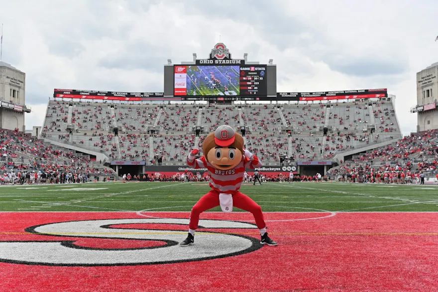 Ohio State Buckeyes mascot Brutus Buckeye performs for the crowd during the Spring Game at Ohio Stadium on April 17, 2021 in Columbus, Ohio.