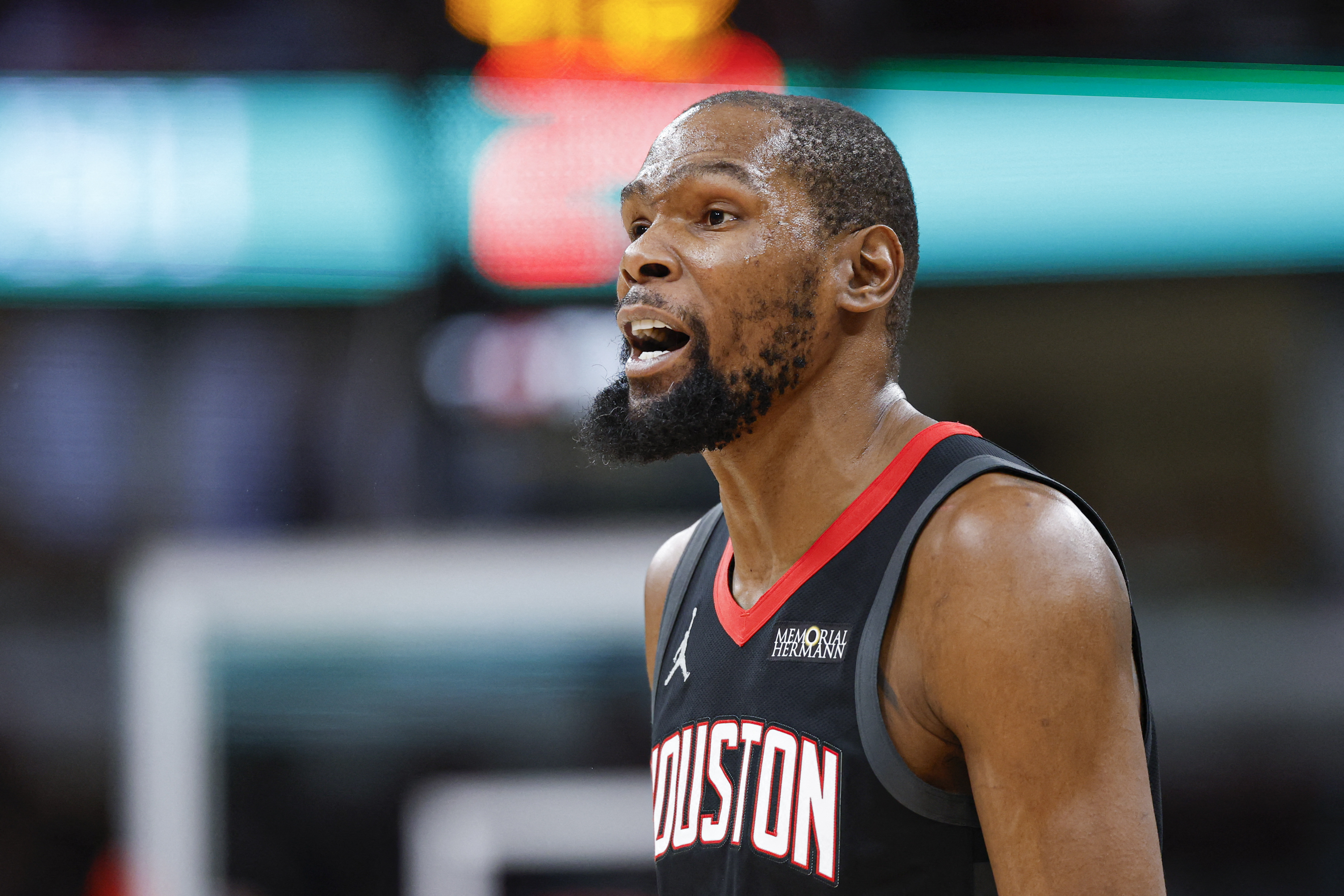 Houston Rockets forward Kevin Durant (7), seen here reacting during a game, is featured in our Rockets vs. Timberwolves player props today.