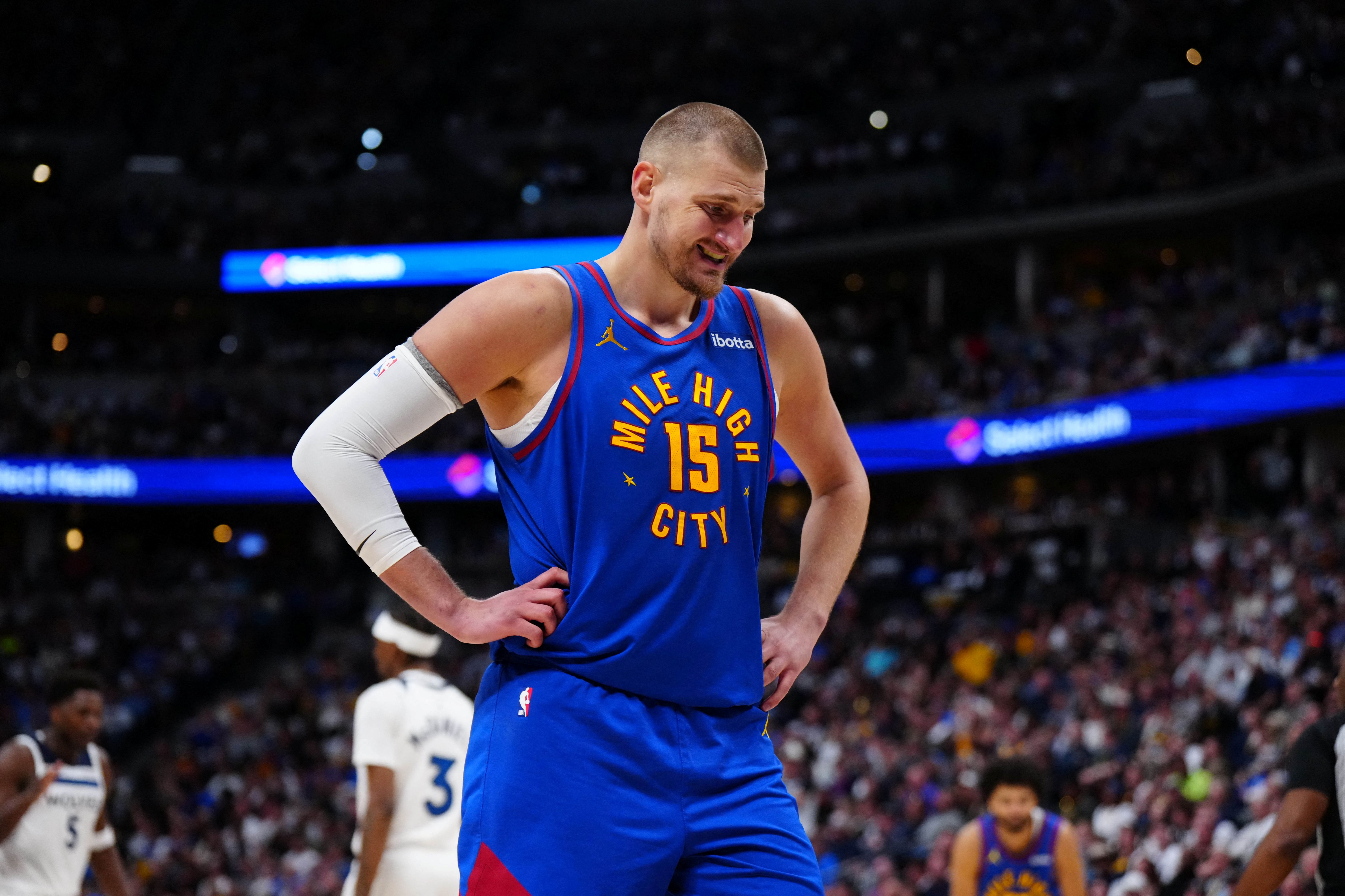 Denver Nuggets center Nikola Jokic (15) reacts as we break down our NBA player props today.