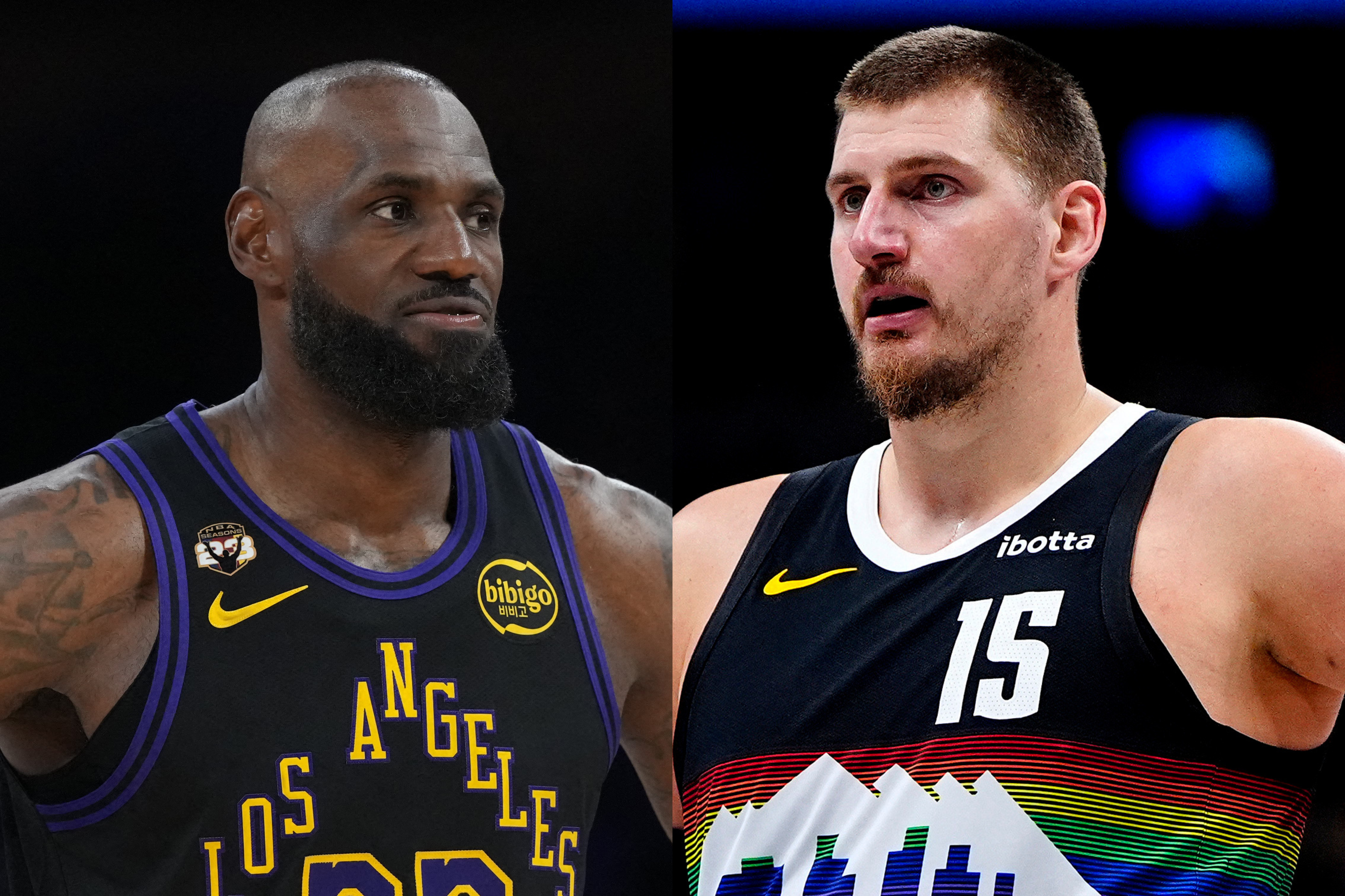 Los Angeles Lakers forward LeBron James (23) and Denver Nuggets center Nikola Jokic (15) are featured in our Lakers vs. Nuggets player props today.