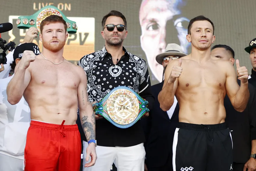 Canelo Alvarez of Mexico (L) and Gennadiy Golovkin of Kazakhstan (R) pose during their ceremonial weigh-in at Toshiba Plaza on Sept. 16 in Las Vegas, Nevada.