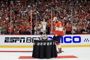 Aleksander Barkov #16 of the Florida Panthers skates by the Prince of Wales Trophy as we look at the Stanley Cup odds