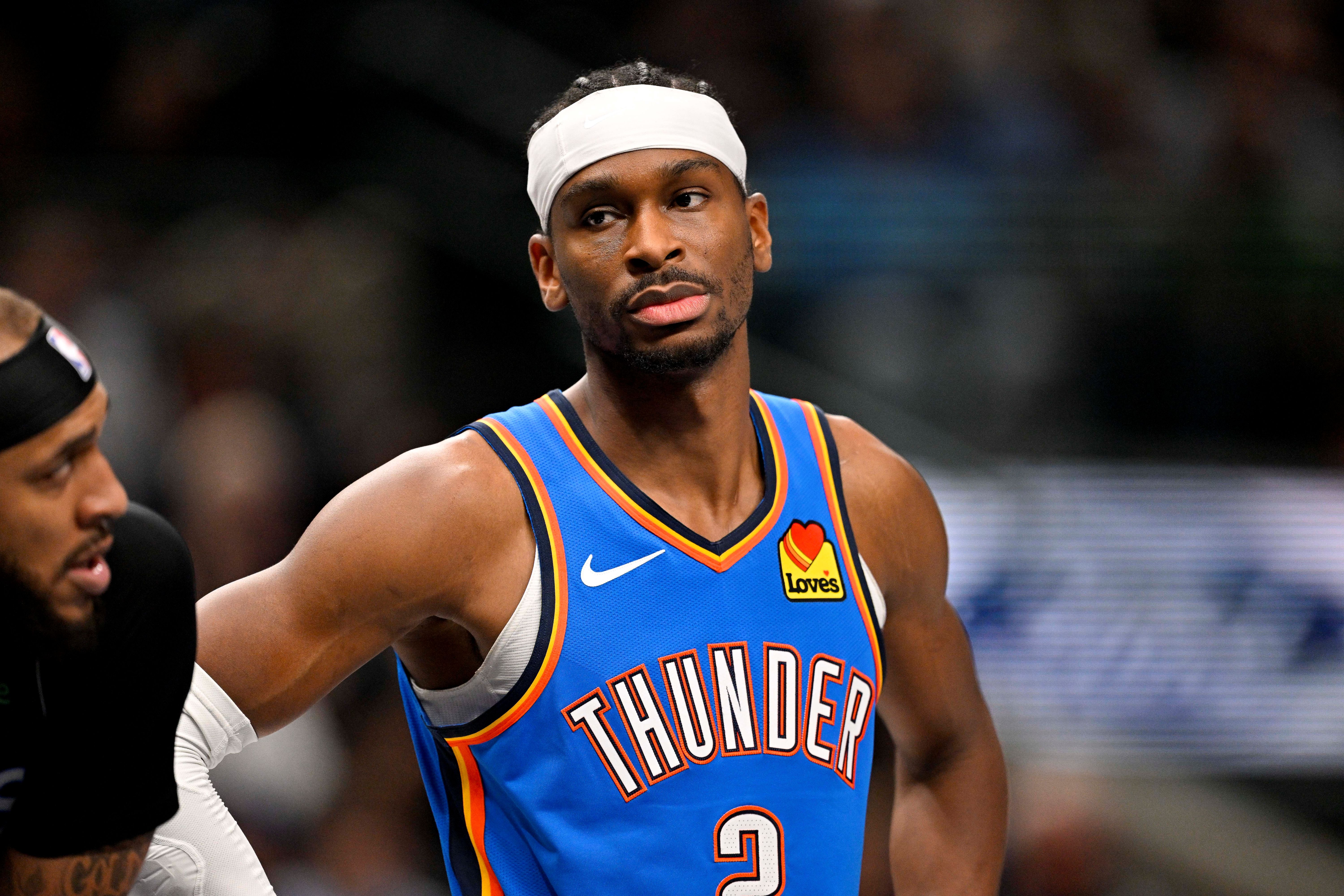 Oklahoma City Thunder guard Shai Gilgeous-Alexander (2), seen here looking on during a game, is featured in my Warriors vs. Thunder player props tonight.