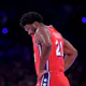 Joel Embiid #21 of the Philadelphia 76ers takes a moment as we look at our best 76ers vs. Knicks Game 2 NBA player props