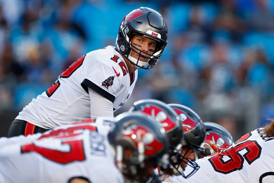 Tom Brady of the Tampa Bay Buccaneers prepares to snap the ball during the fourth quarter in the game against the Carolina Panthers.