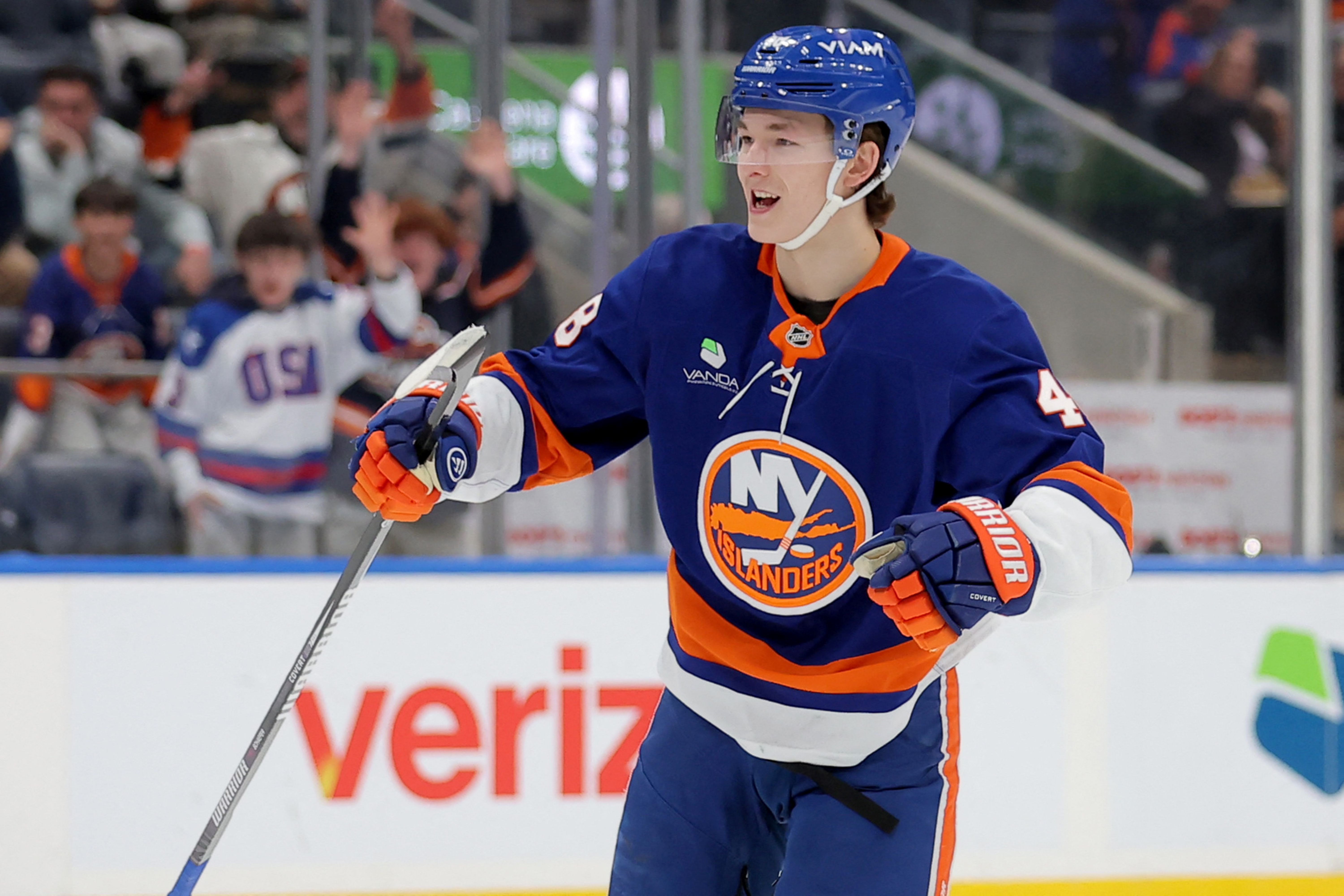 New York Islanders defenseman Matthew Schaefer celebrates, and he's key as we look at our Maple Leafs vs. Islanders prediction.