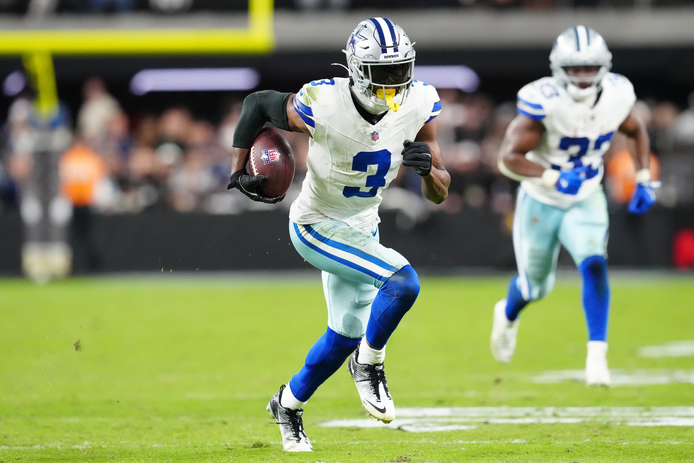 Dallas Cowboys wide receiver George Pickens runs to score a touchdown during, and he's featured as part of our first touchdown scorer predictions for Christmas Day