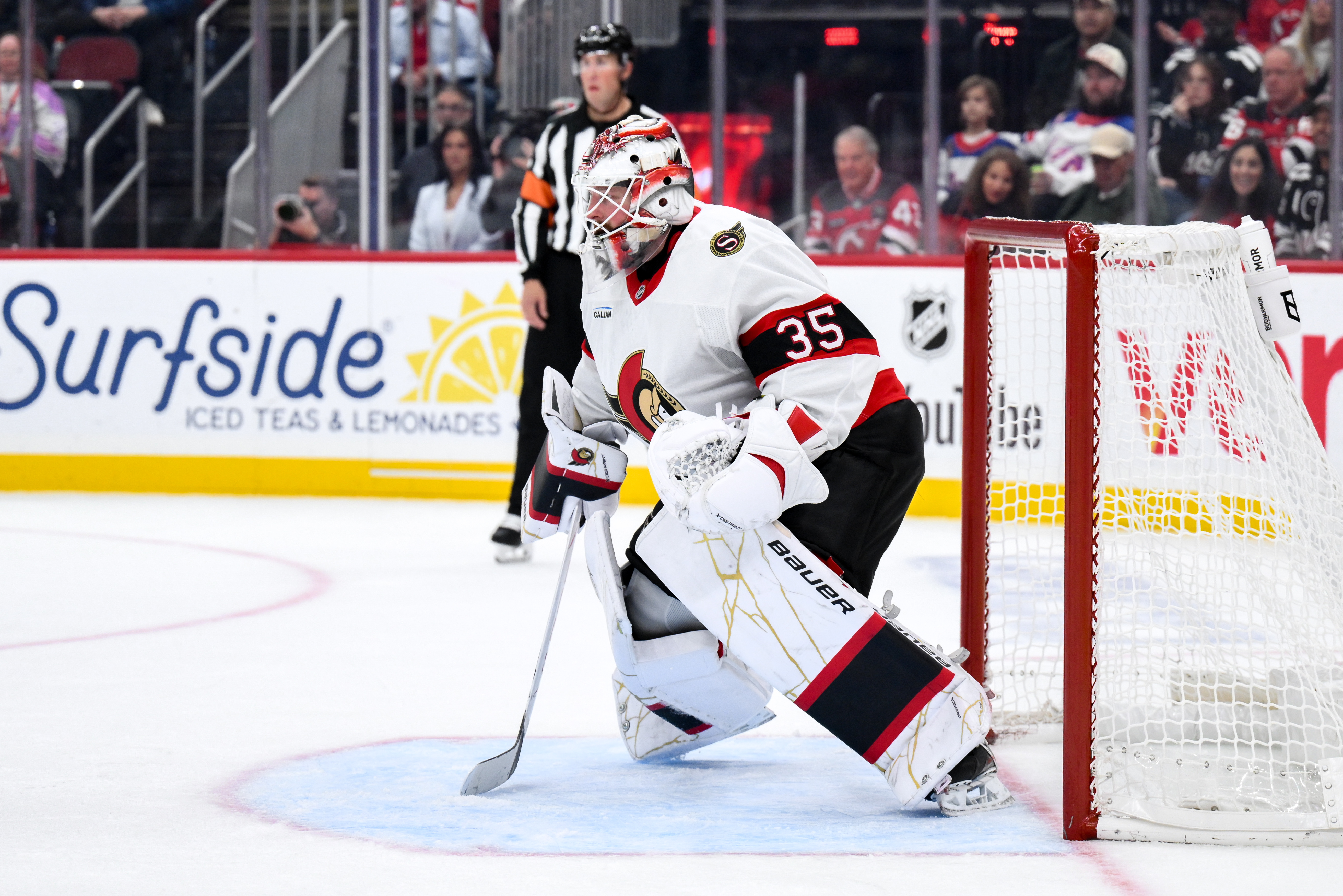Ottawa Senators goaltender Linus Ullmark (35) tends net as he is featured in our NHL predictions today. 