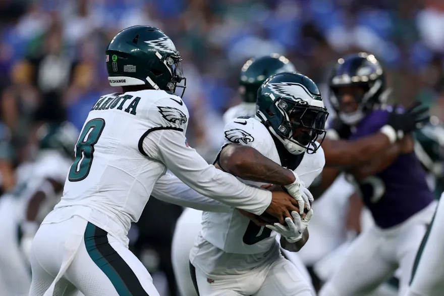 Running back D'Andre Swift #0 of the Philadelphia Eagles takes a handoff and is featured in our Vikings vs. Eagles parlay picks
