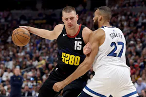 Nikola Jokic drives against Rudy Gobert in Game 5 of the NBA playoffs. We're backing Jokic in our Denver Nuggets vs. Minnesota Timberwolves Player Props. 