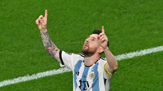 Argentina's forward #10 Lionel Messi reacts after scoring his team's first goal during the Qatar 2022 World Cup round of 16 football match between Argentina and Australia at the Ahmad Bin Ali Stadium in Al-Rayyan, west of Doha on December 3, 2022.