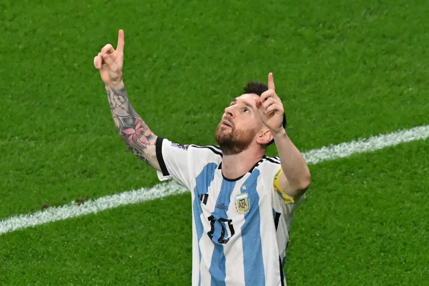 Argentina's forward #10 Lionel Messi reacts after scoring his team's first goal during the Qatar 2022 World Cup round of 16 football match between Argentina and Australia at the Ahmad Bin Ali Stadium in Al-Rayyan, west of Doha on December 3, 2022.