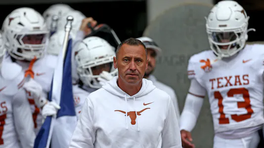 Pictured: Texas Longhorns head coach Steve Sarkisian as we offer our Vanderbilt vs. Texas prediction.