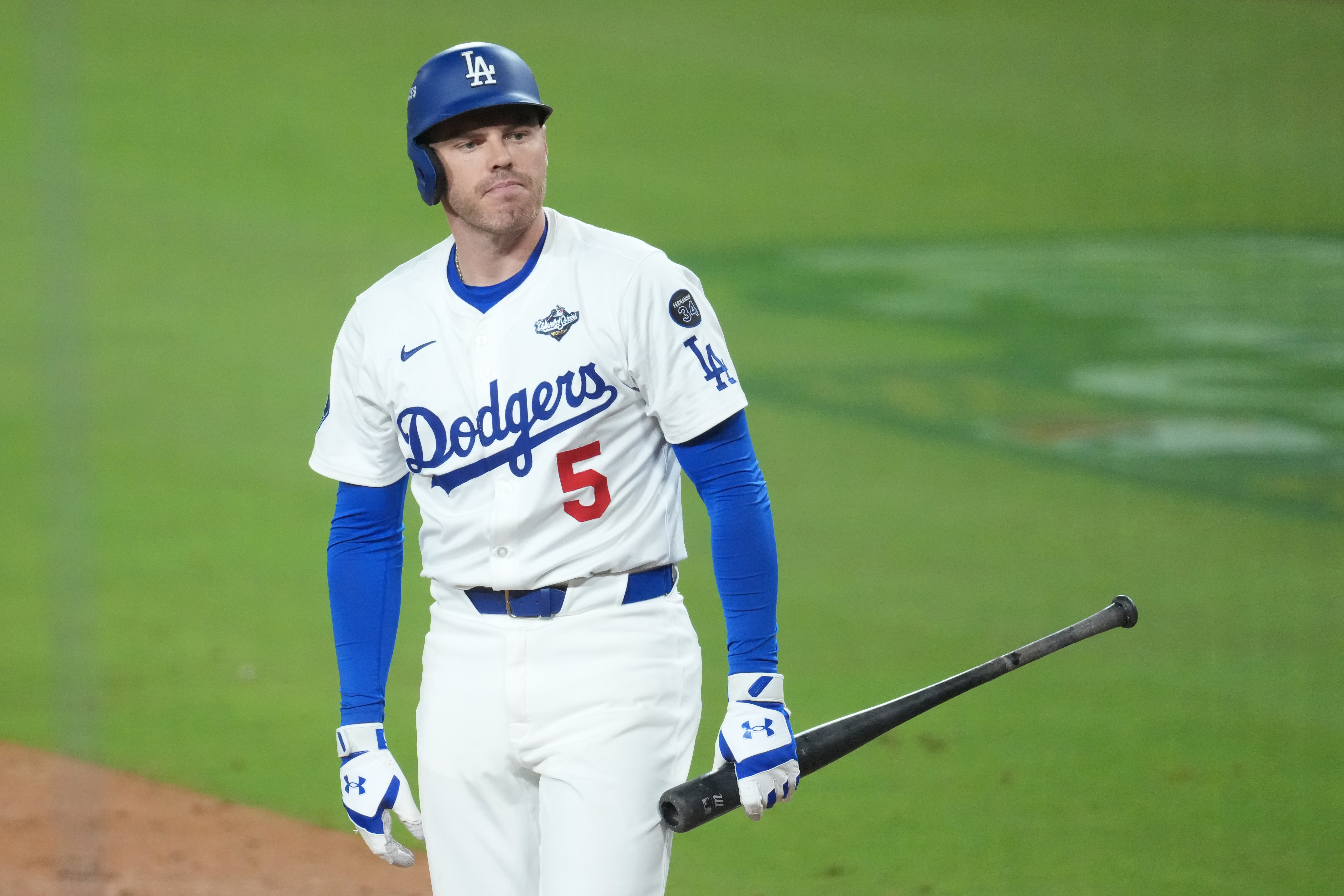 Los Angeles Dodgers first baseman Freddie Freeman reacts after striking out as we look at a possible ban of MLB "micro-prop" betting