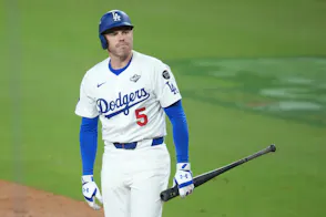 Los Angeles Dodgers first baseman Freddie Freeman reacts after striking out as we look at a possible ban of MLB "micro-prop" betting
