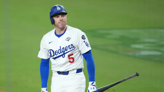 Los Angeles Dodgers first baseman Freddie Freeman reacts after striking out as we look at a possible ban of MLB "micro-prop" betting