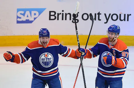 Connor McDavid celebrates after his goal with Zach Hyman during the first period in Game 3 as Gary Pearson explores some of the most appealing prop bets and predictions for Game 4 between the Dallas Stars and Edmonton Oilers. 