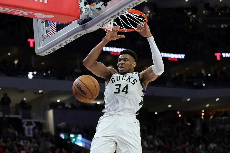 Giannis Antetokounmpo of the Milwaukee Bucks dunks against the Philadelphia 76ers, and we offer our top Raptors vs. Bucks player props based on the best NBA odds.