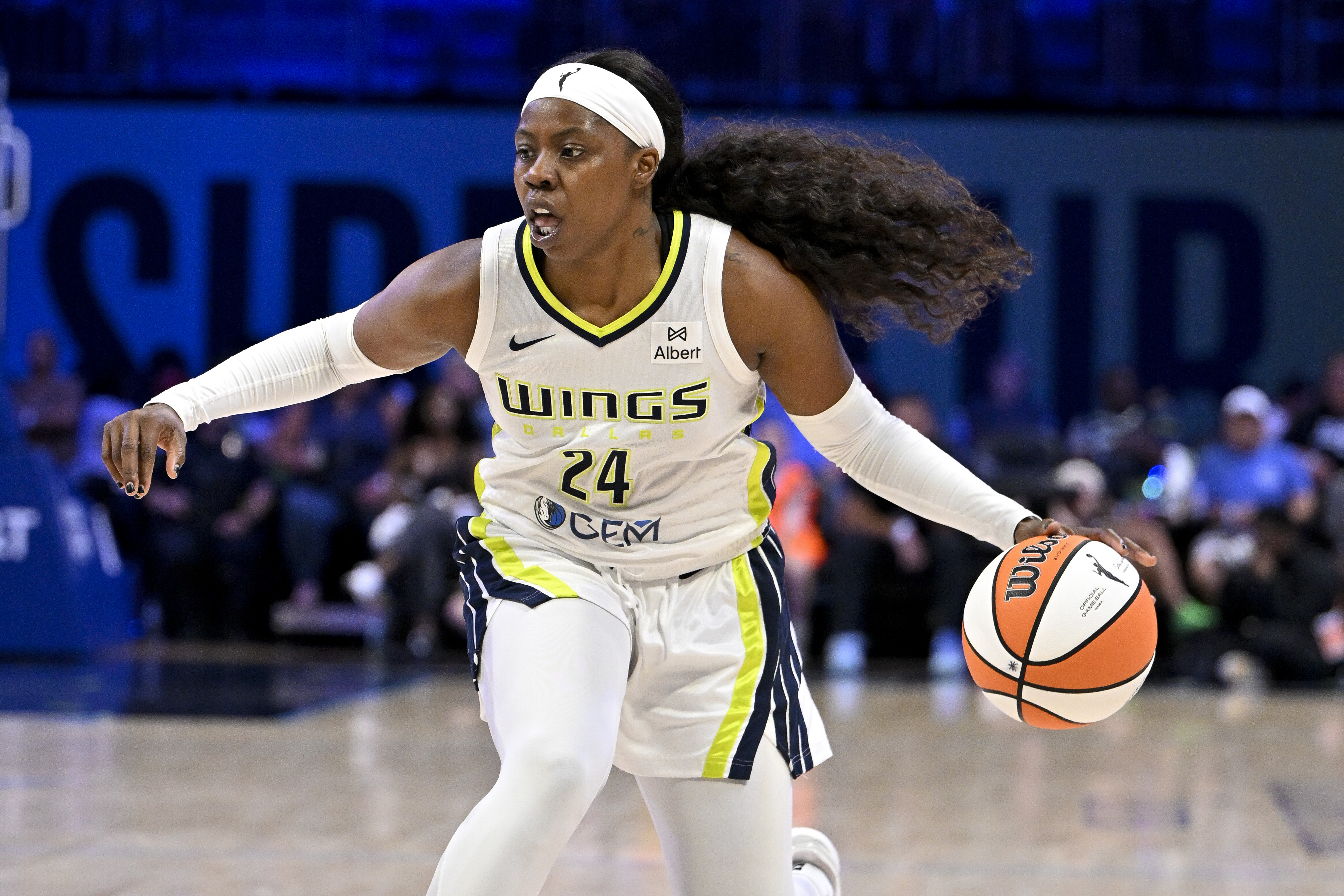 Dallas Wings guard Arike Ogunbowale (24), who leads our WNBA expansion mock draft, in action during the game between the Dallas Wings and the New York Liberty at College Park Center.
