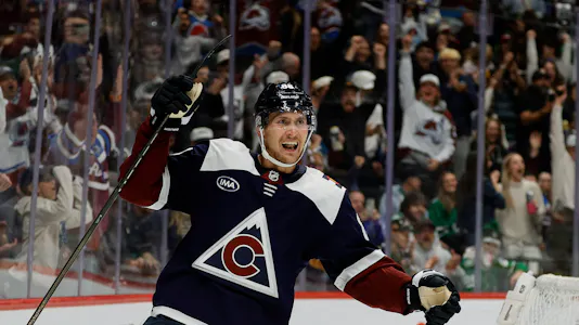 Pictured: Colorado Avalanche center Martin Necas (88) celebrates after his goal as we offer our Avalanche vs. Bruins player props.