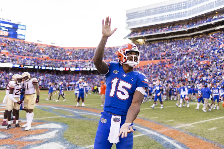Anthony Richardson of the Florida Gators celebrates after defeating the Florida State Seminoles 24-21 in a game at Ben Hill Griffin Stadium.