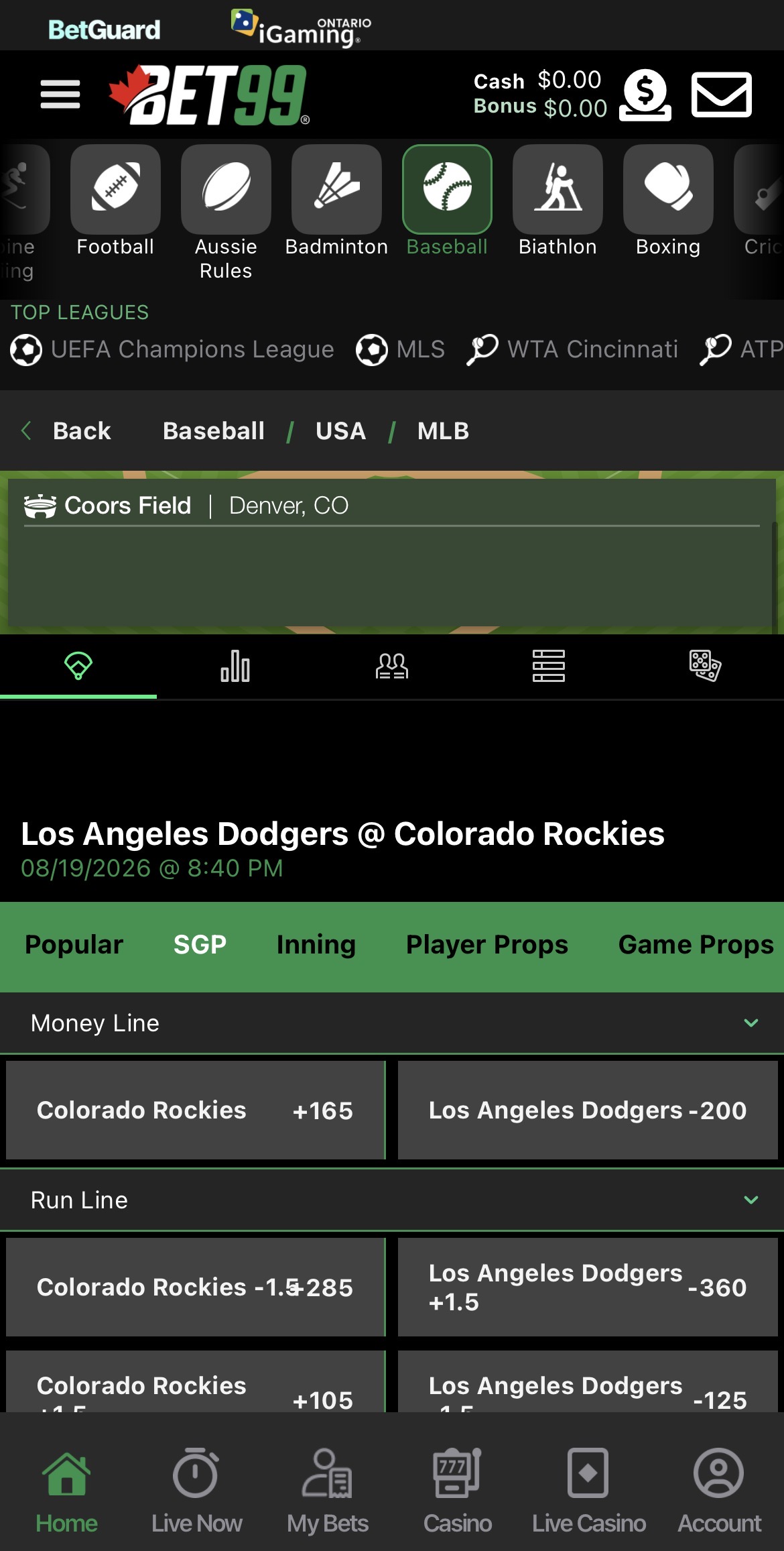 BET99 app MLB betting screen showing wager options for a Los Angeles Dodgers vs. Colorado Rockies game scheduled on Aug. 19, 2026.