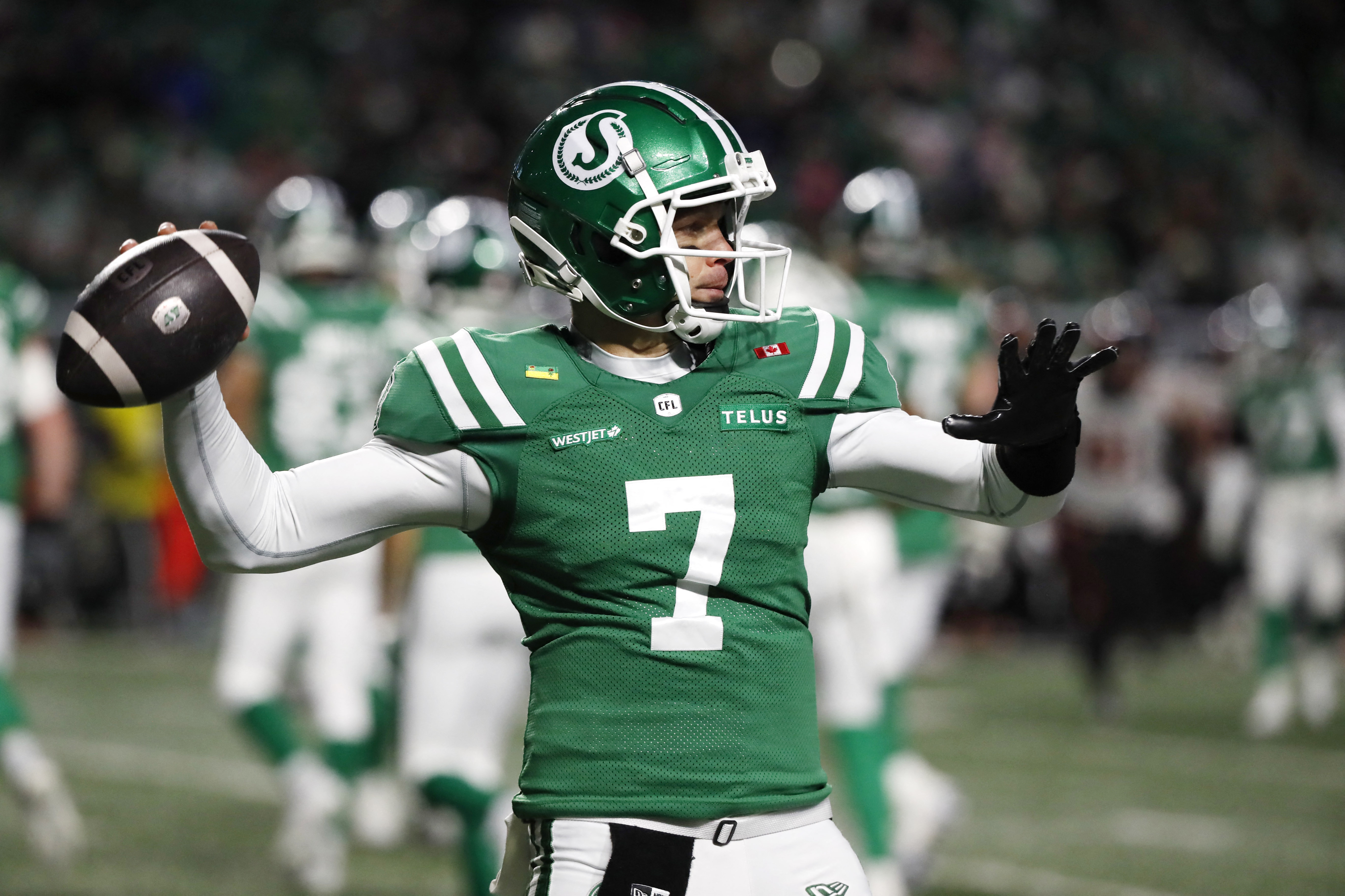 Saskatchewan Roughriders quarterback Trevor Harris (7) looks to make a pass as we break down our Elks vs. Roughriders prediction.