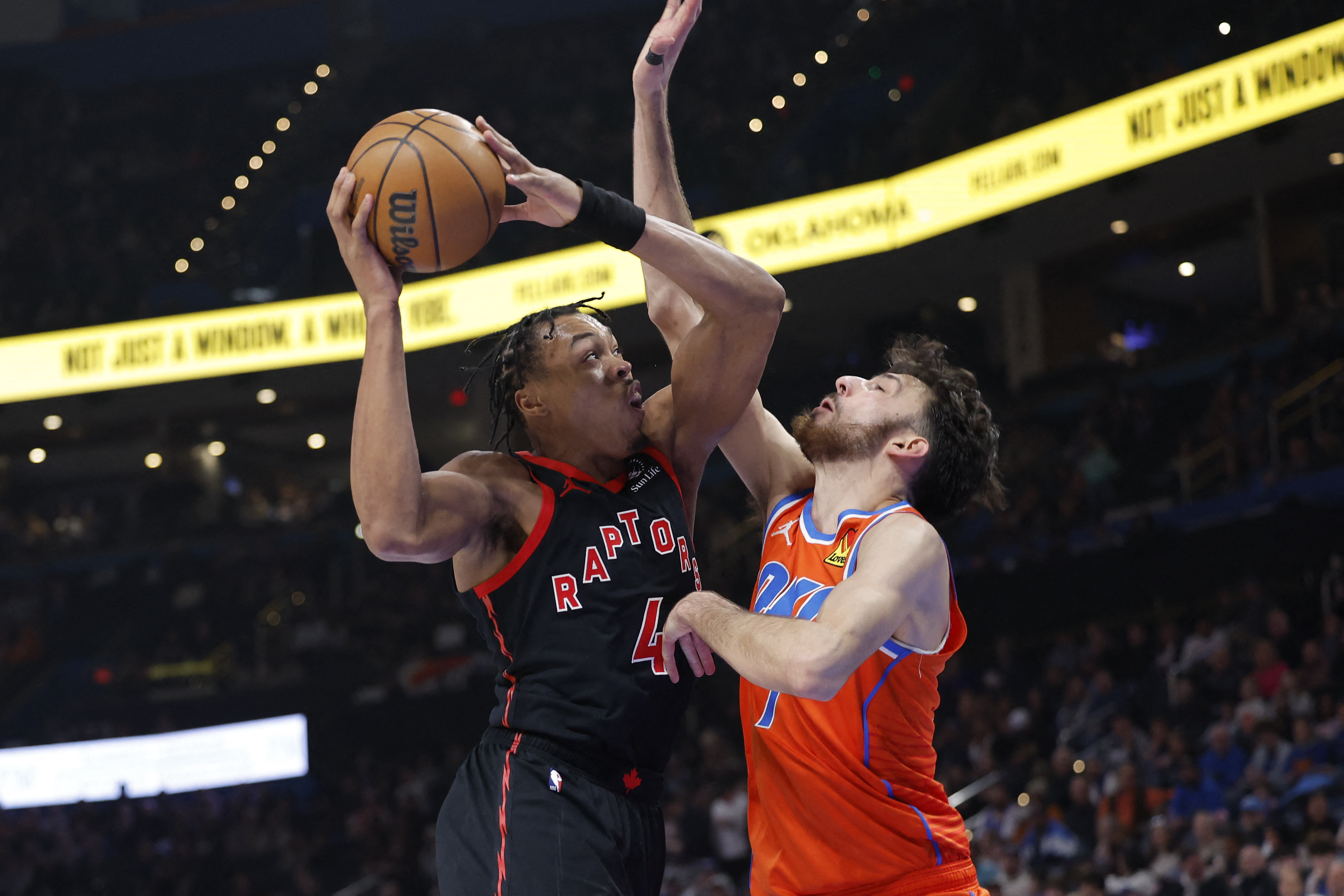 Raptors guard Scottie Barnes shoots against Thunder forward Chet Holmgren as we analyze the latest 2026-27 NBA Defensive Player of the Year odds.