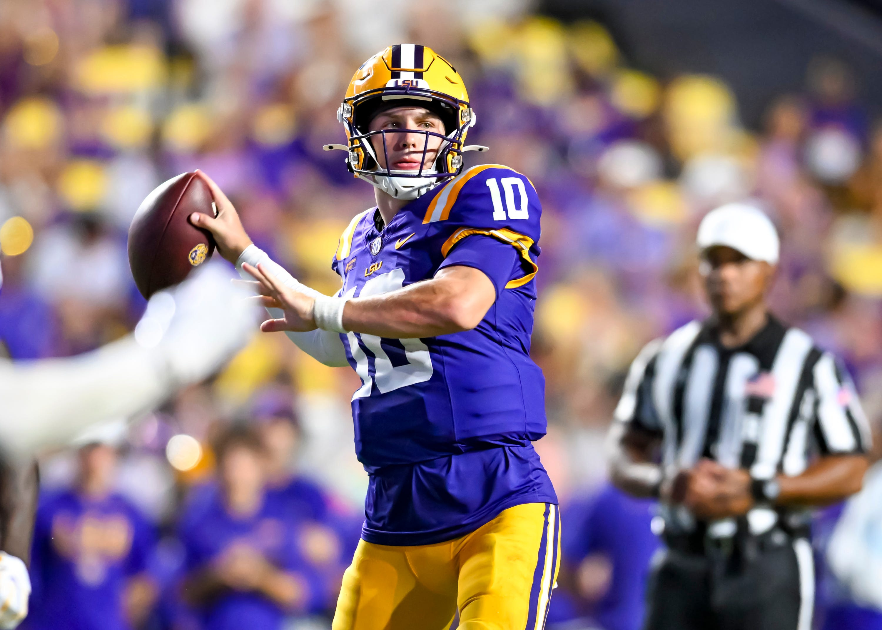 Pictured: LSU quarterback Sam Leavitt throwing a pass as his Tigers are highlighted in our College Football Week 3 AI Predictions. Photo by USA TODAY Network via Reuters Connect.