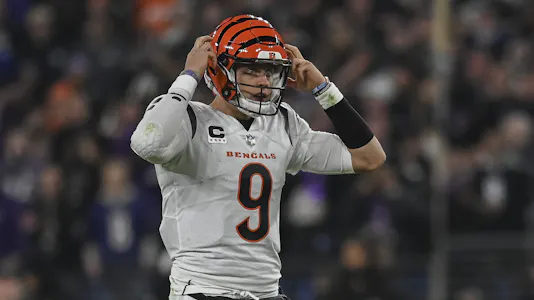 Cincinnati Bengals quarterback Joe Burrow makes a call at the line during the game against the Baltimore Ravens as we look at the NFL division winners worst to first candidates.