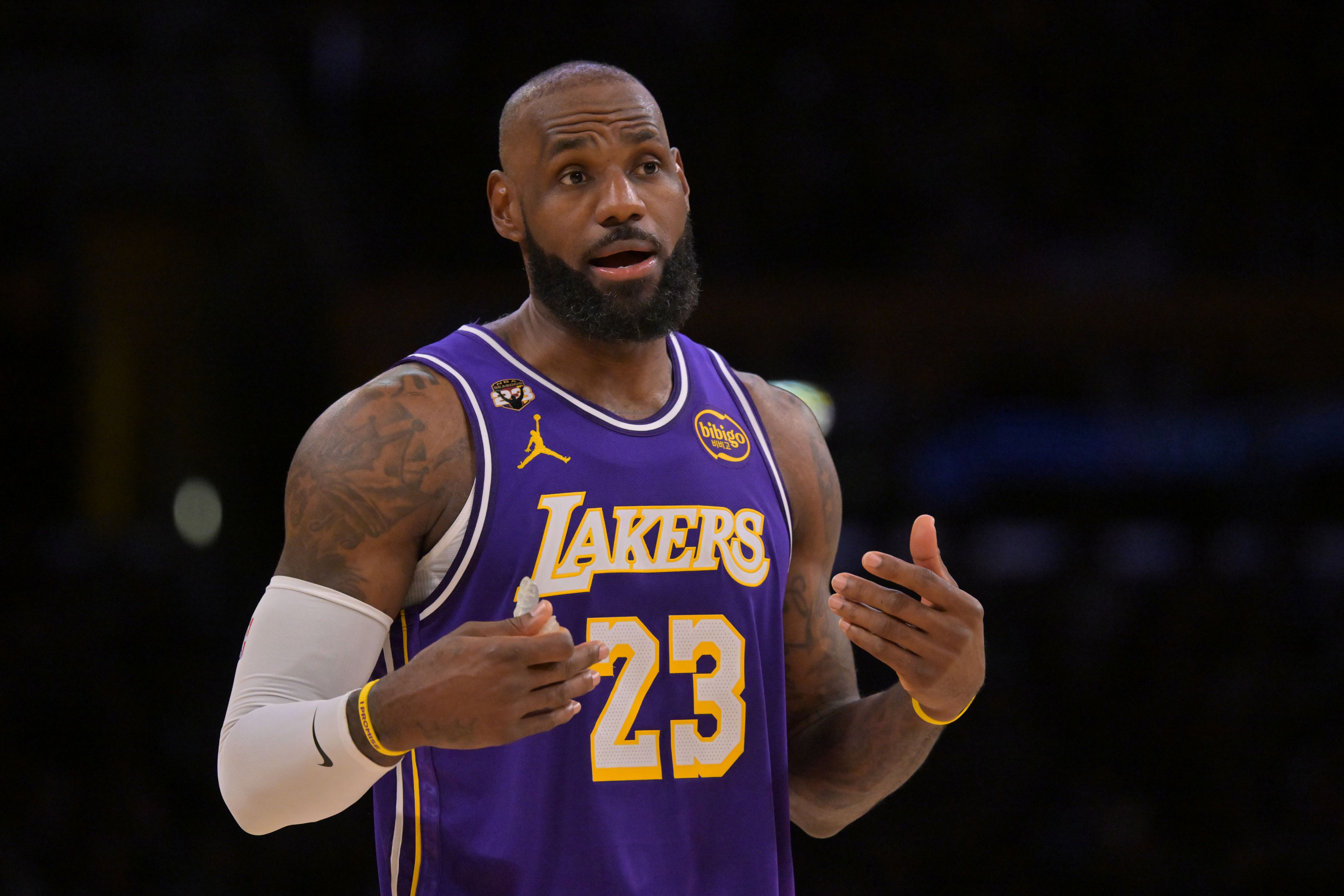 Los Angeles Lakers forward LeBron James (23), seen here reacting after a foul, is featured in our Warriors vs. Lakers player props today.