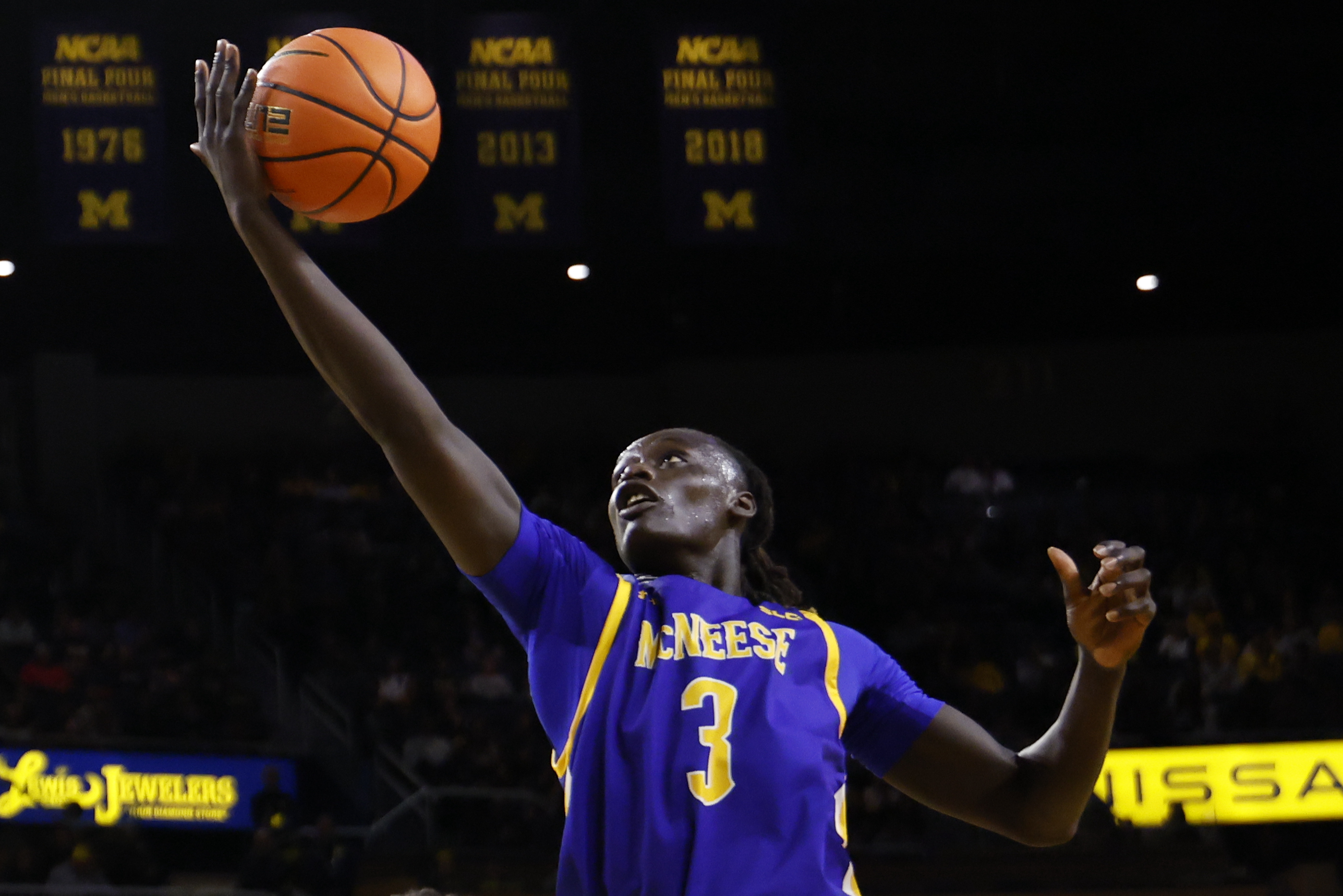 McNeese Cowboys guard Garwey Dual (3) shoots in the second half as we break down our March Madness 5 vs. 12 upset rankings. against the Michigan Wolverines at Crisler Center.