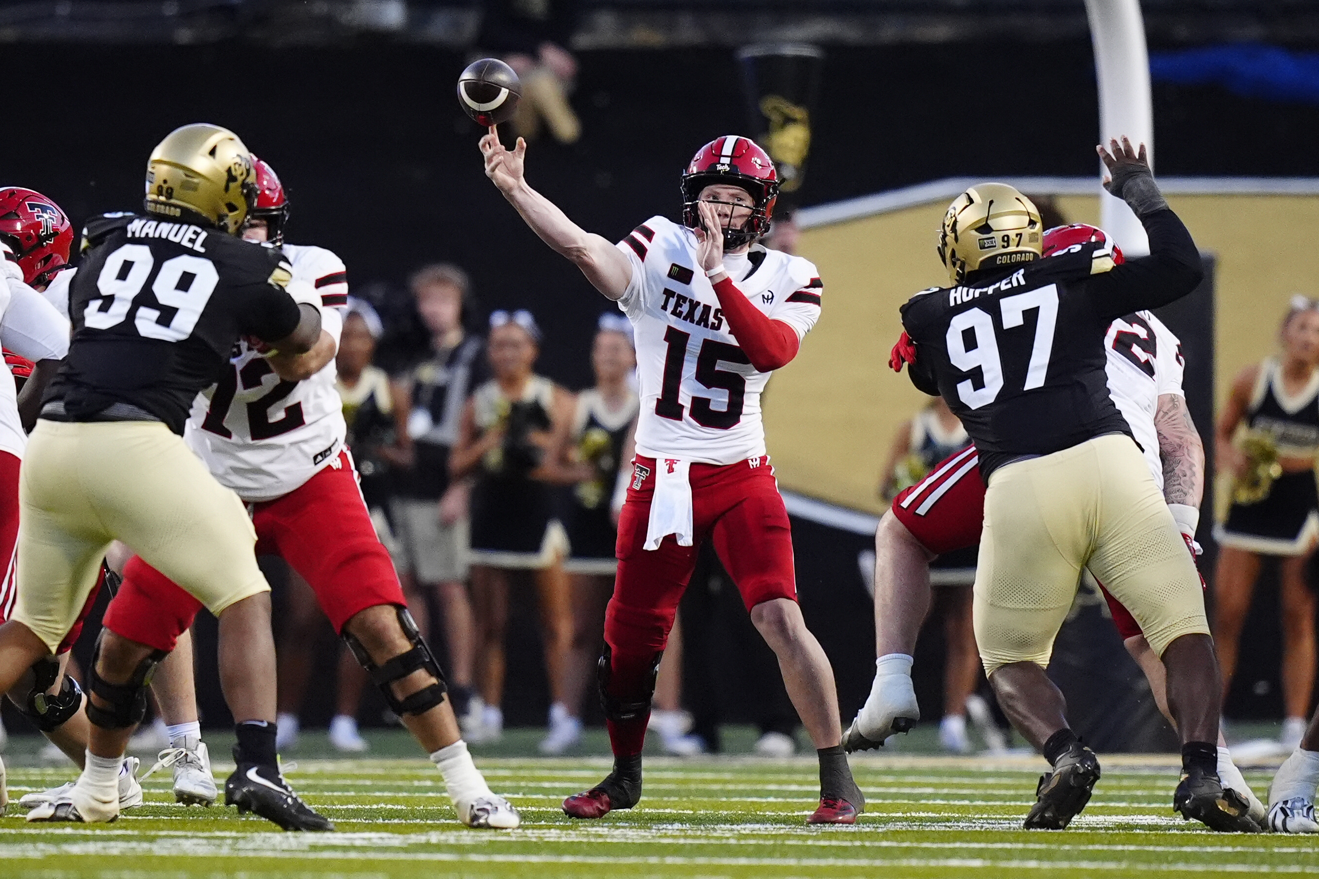 Pictured: Red Raiders QB Will Hammond throwing a pass as we break down our Arizona State vs. Texas Tech Prediction. Photo by Ron Chenoy-Imagn Images.