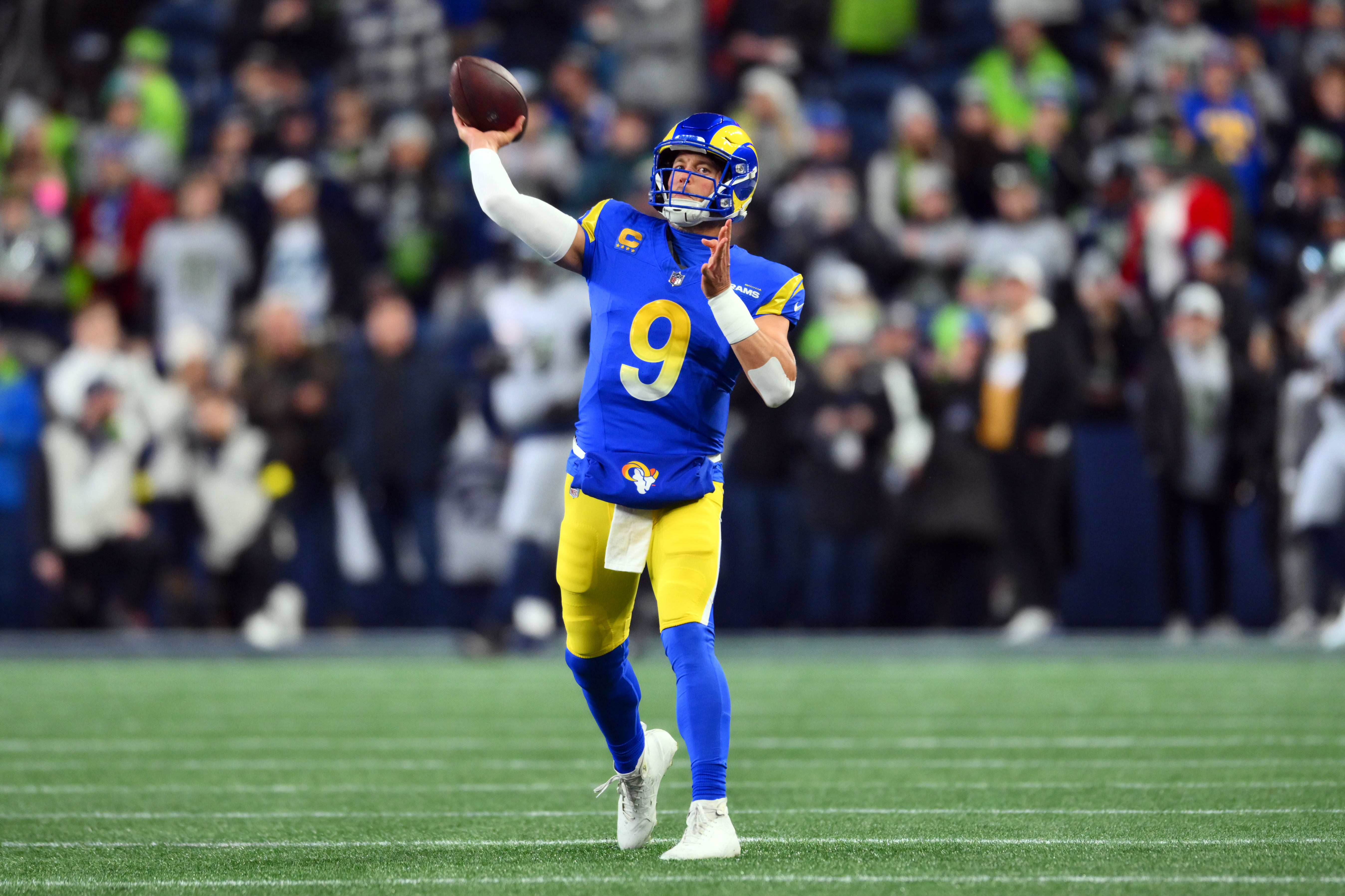 Los Angeles Rams quarterback Matthew Stafford (9) warms up as we look at the latest NFL MVP odds