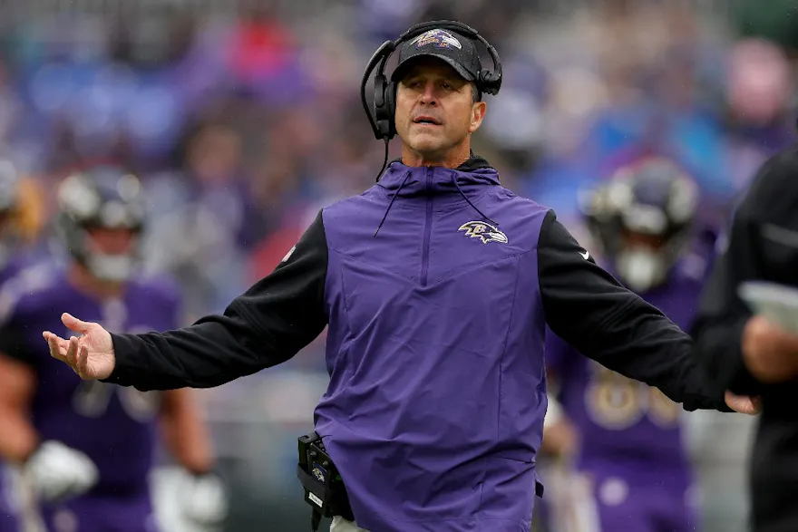 Head coach John Harbaugh of the Baltimore Ravens reacts in the second quarter against the Buffalo Bills at M&T Bank Stadium in Baltimore, Maryland. Patrick Smith/Getty Images via AFP.
