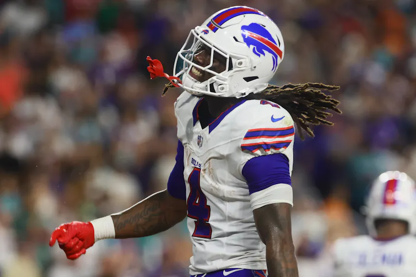Buffalo Bills running back James Cook celebrates after scoring a touchdown as we look at our first touchdown scorers for Bills vs. Jets Monday Night Football.
