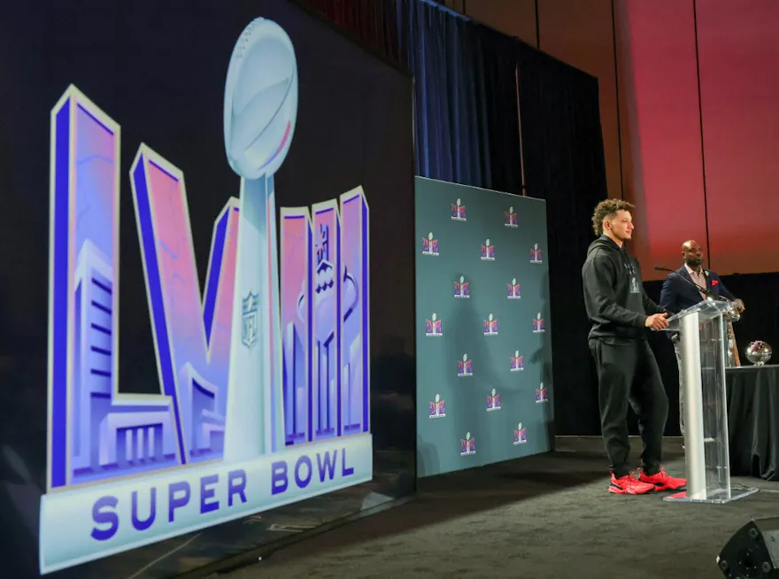 Quarterback Patrick Mahomes #15 of the Kansas City Chiefs attends a news conference as we look at our best Super Bowl bingo cards