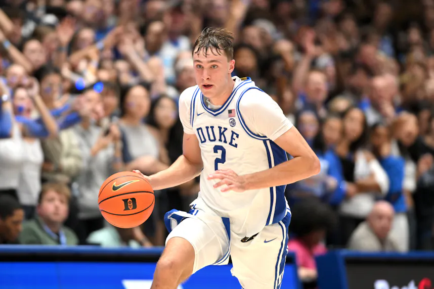 Duke Blue Devils guard Cooper Flagg brings the ball down court against the Maine Black Bears at Cameron Indoor Stadium as we look at our Auburn vs. Duke prediction.