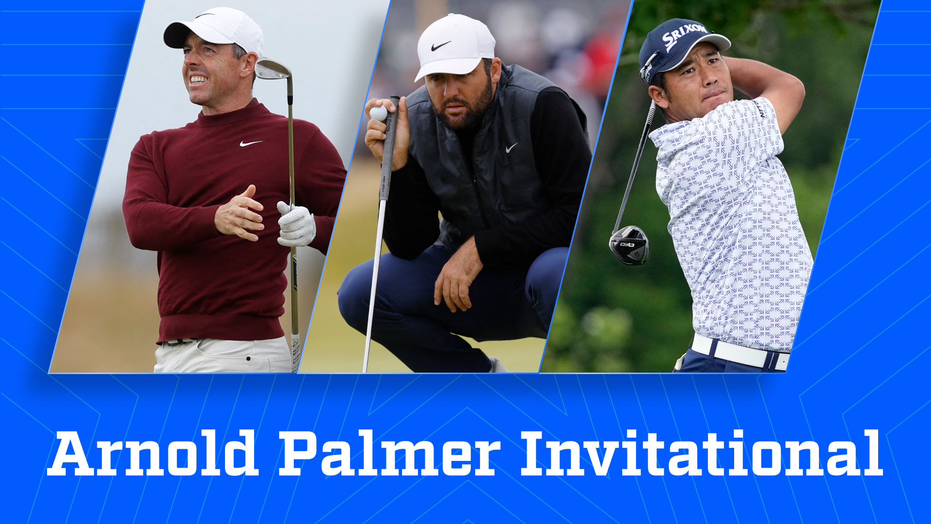 A custom graphic of our Arnold Palmer Invitational betting guide, featuring (from left to right) Rory McIlroy, Scottie Scheffler, and Hideki Matsuyama.