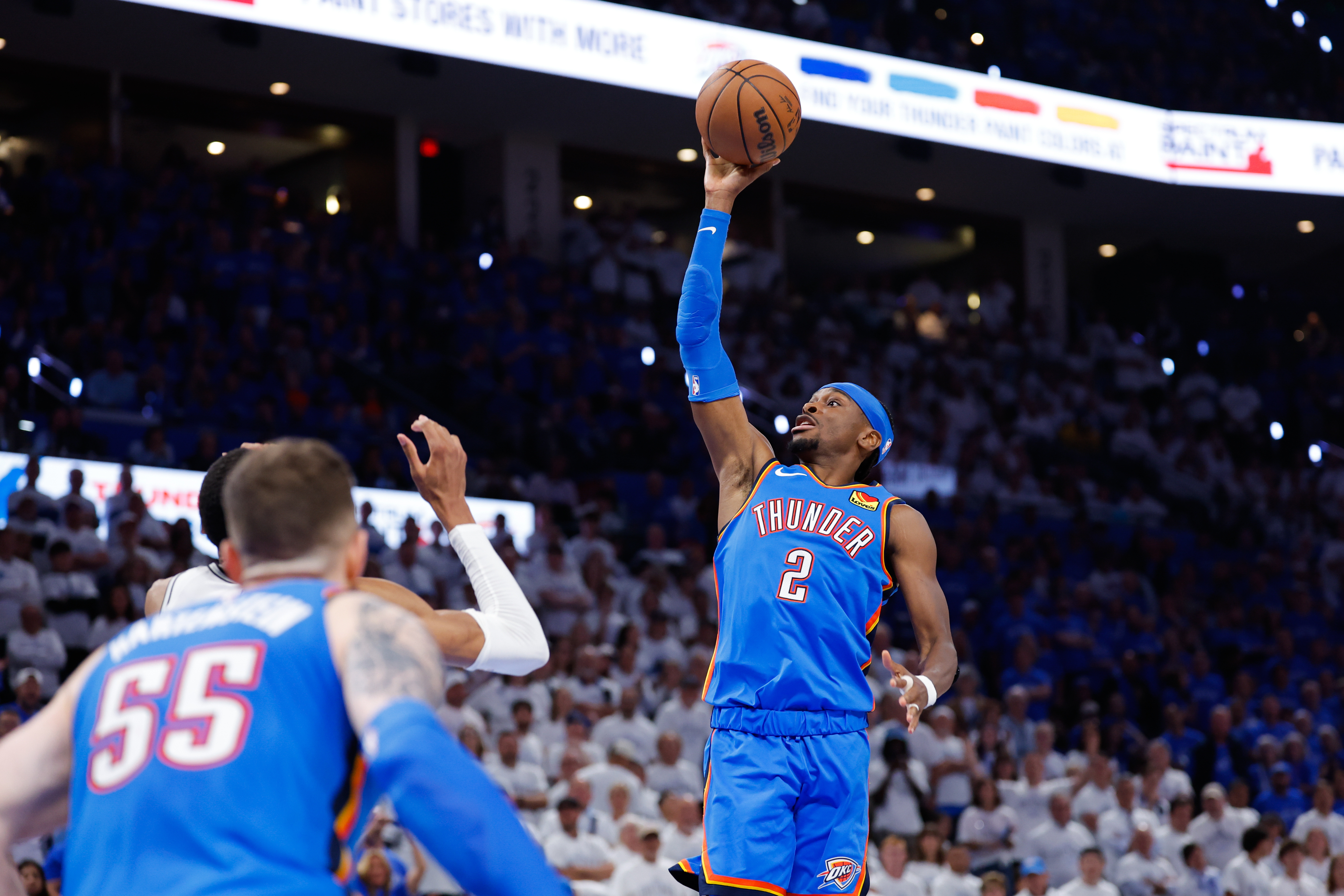 Oklahoma City Thunder guard Shai Gilgeous-Alexander (2) shoots as he is featured in our NBA Finals MVP odds.
