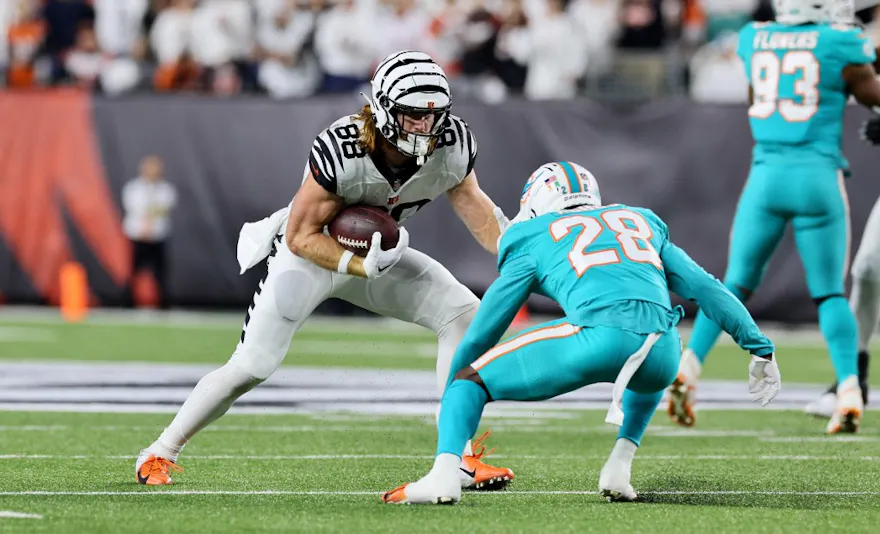 Hayden Hurst of the Cincinnati Bengals faces Kader Kohou of the Miami Dolphins at Paycor Stadium on Sept. 29, 2022 in Cincinnati, Ohio.