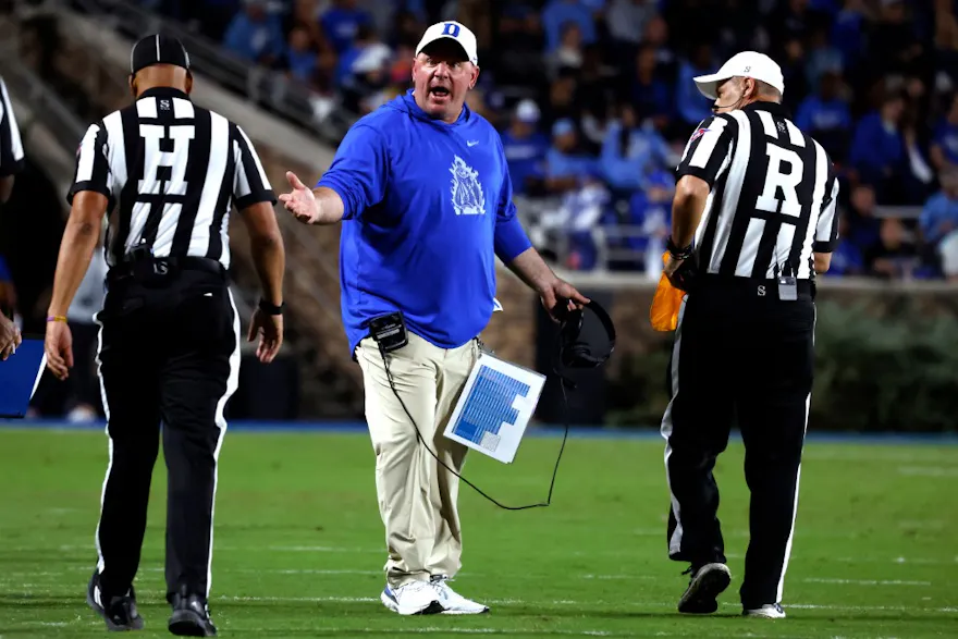 Head coach Mike Elko of the Duke Blue Devils reacts as we share our best Clemson vs. Duke promo.