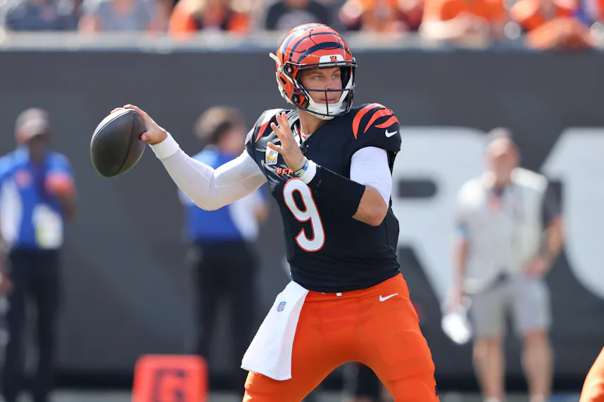 Cincinnati Bengals quarterback Joe Burrow drops to throw during the first quarter against the Baltimore Ravens. We're fading Burrow in our Joe Burrow SNF Player Prop Bets.