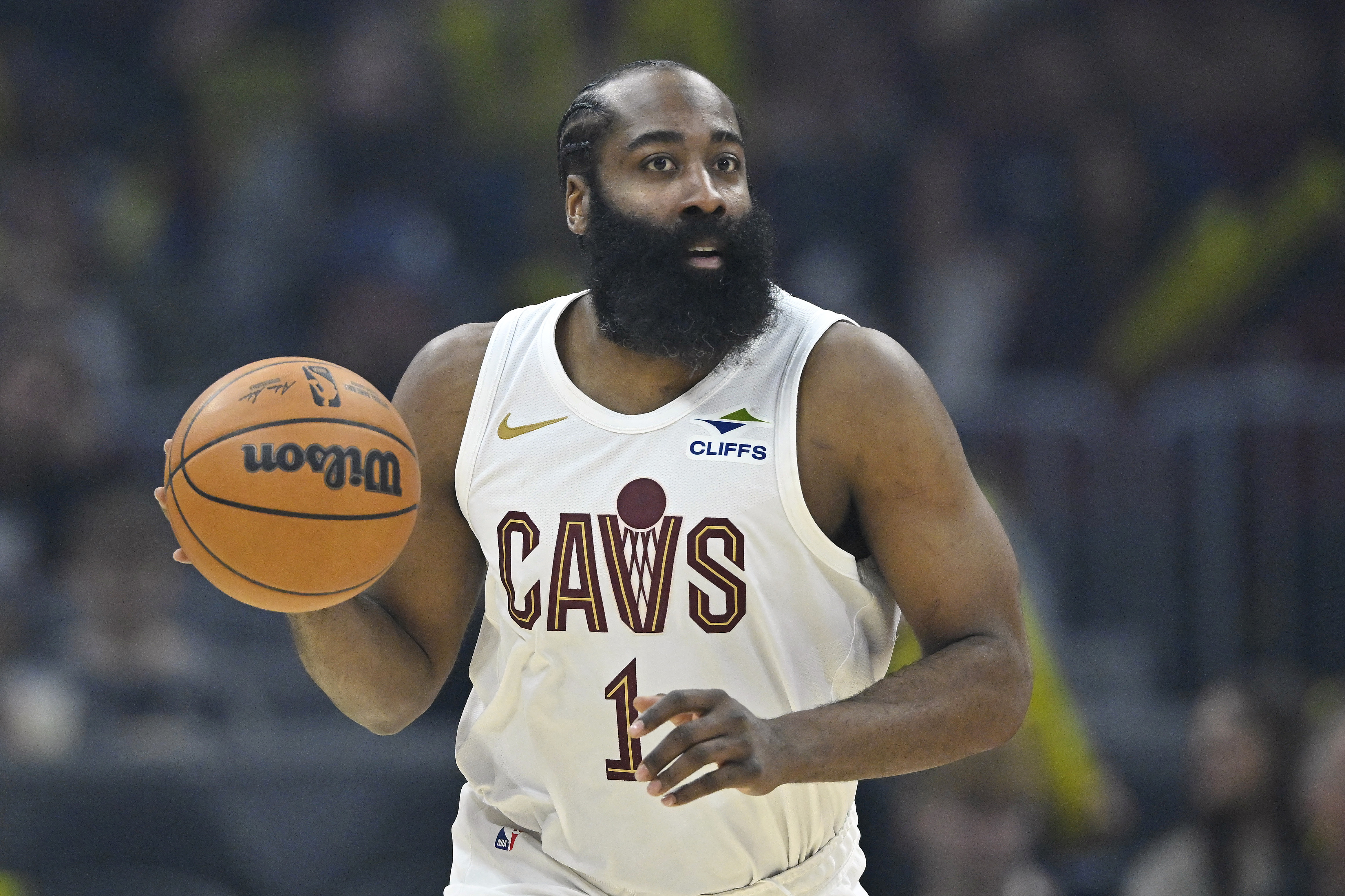 Cleveland Cavaliers guard James Harden (1), seen here bringing the ball up the court, is featured in our Heat vs. Cavaliers player props today.
