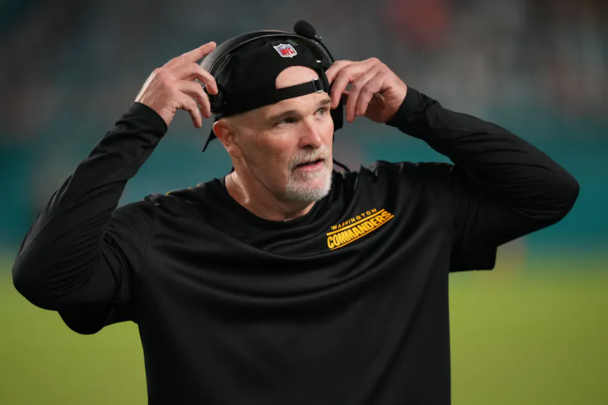 Washington Commanders head coach Dan Quinn as we look at the DC sports betting financials for July 2024.