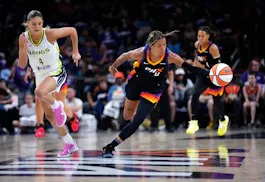 Mercury guard Natasha Cloud (0) recovers a loose ball as we offer our best Mercury vs. Wings prediction and expert picks for Wednesday's WNBA matchup at College Park Center in Arlington, Texas.