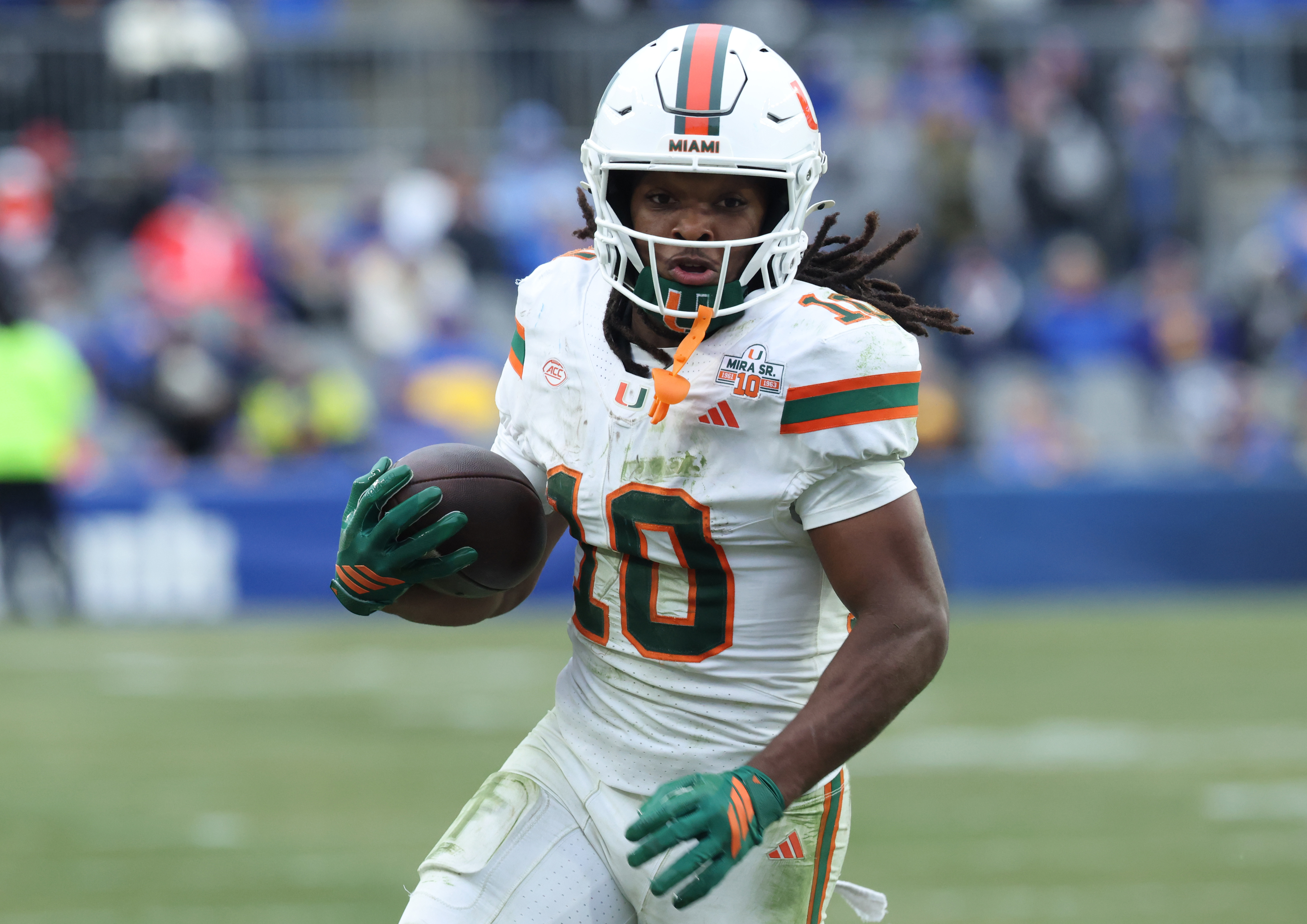 Miami Hurricanes wide receiver Malachi Toney (10) runs as part of our Miami vs. Texas A&M prediction.