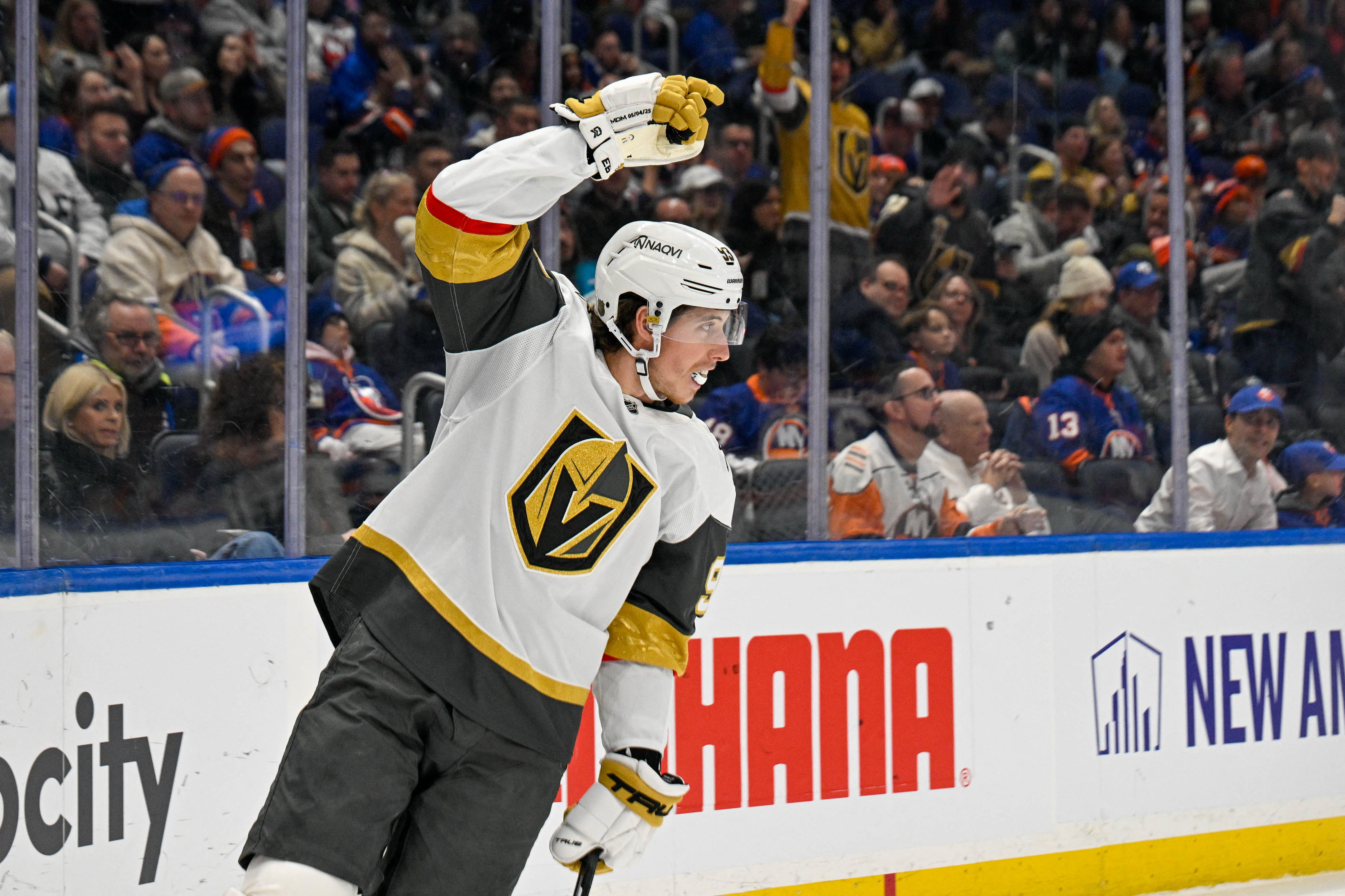 Vegas Golden Knights forward Mitch Marner (93) celebrates as we provide our Golden Knights vs. Maple Leafs prediction.